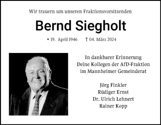 Traueranzeige von Bernd Siegholt von Mannheimer Morgen