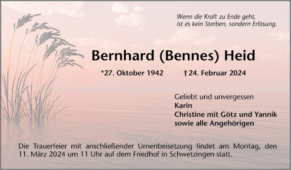  Traueranzeige für Bernhard Heid vom 09.03.2024 aus Schwetzinger Zeitung