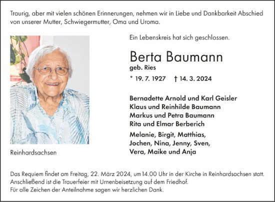 Traueranzeige von Berta Baumann von Fränkische Nachrichten