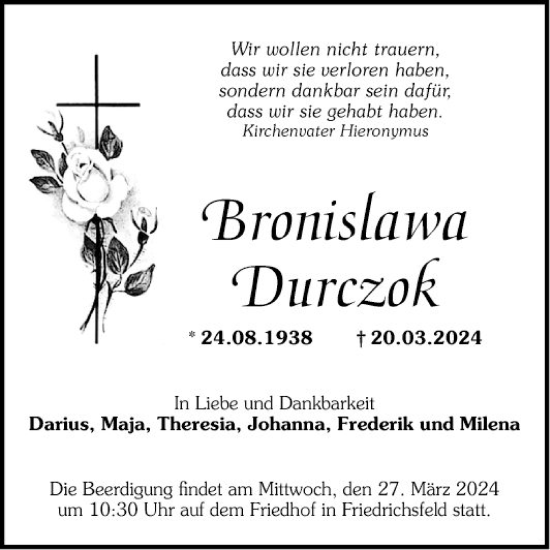 Traueranzeige von Bronislawa Durczok von Mannheimer Morgen