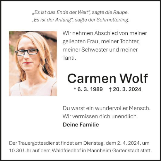 Traueranzeige von Carmen Wolf von Fränkische Nachrichten