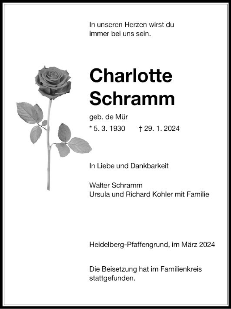  Traueranzeige für Charlotte Schramm vom 20.03.2024 aus Schwetzinger Zeitung