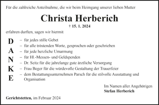 Traueranzeige von Christa Herberich von Fränkische Nachrichten