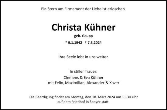 Traueranzeige von Christa Kühner von Mannheimer Morgen