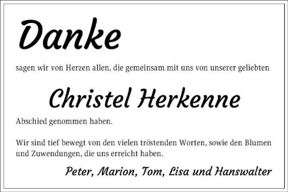  Traueranzeige für Christel Herkenne vom 09.03.2024 aus Mannheimer Morgen