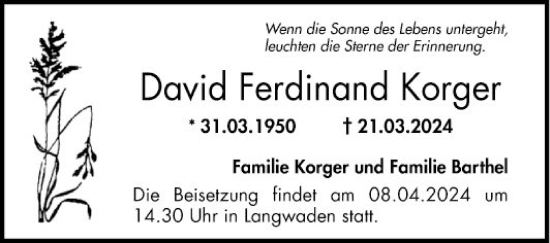 Traueranzeige von David Ferdinand Korger von Bergsträßer Anzeiger