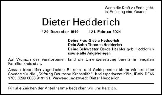 Traueranzeige von Dieter Hedderich von Bergsträßer Anzeiger