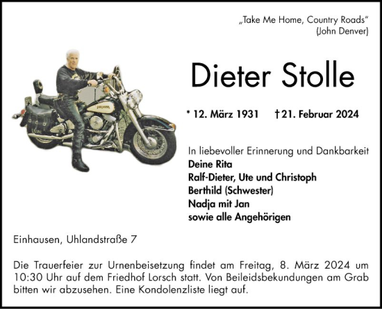 Traueranzeige von Dieter Stolle von Bergsträßer Anzeiger