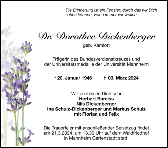 Traueranzeige von Dorothee Dickenberger von Mannheimer Morgen