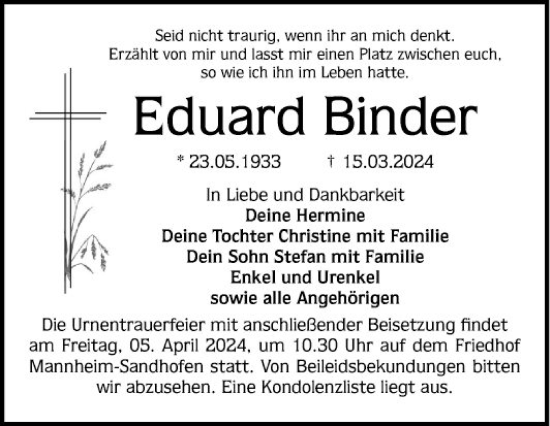 Traueranzeige von Eduard Binder von Mannheimer Morgen