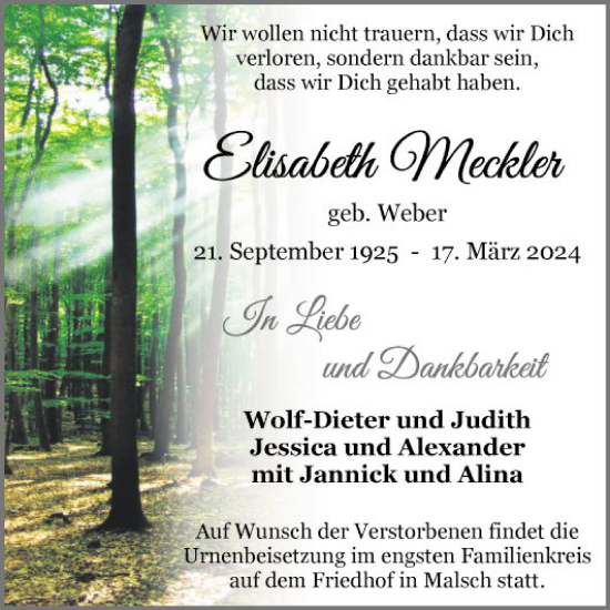Traueranzeige von Elisabeth Meckler von Schwetzinger Zeitung