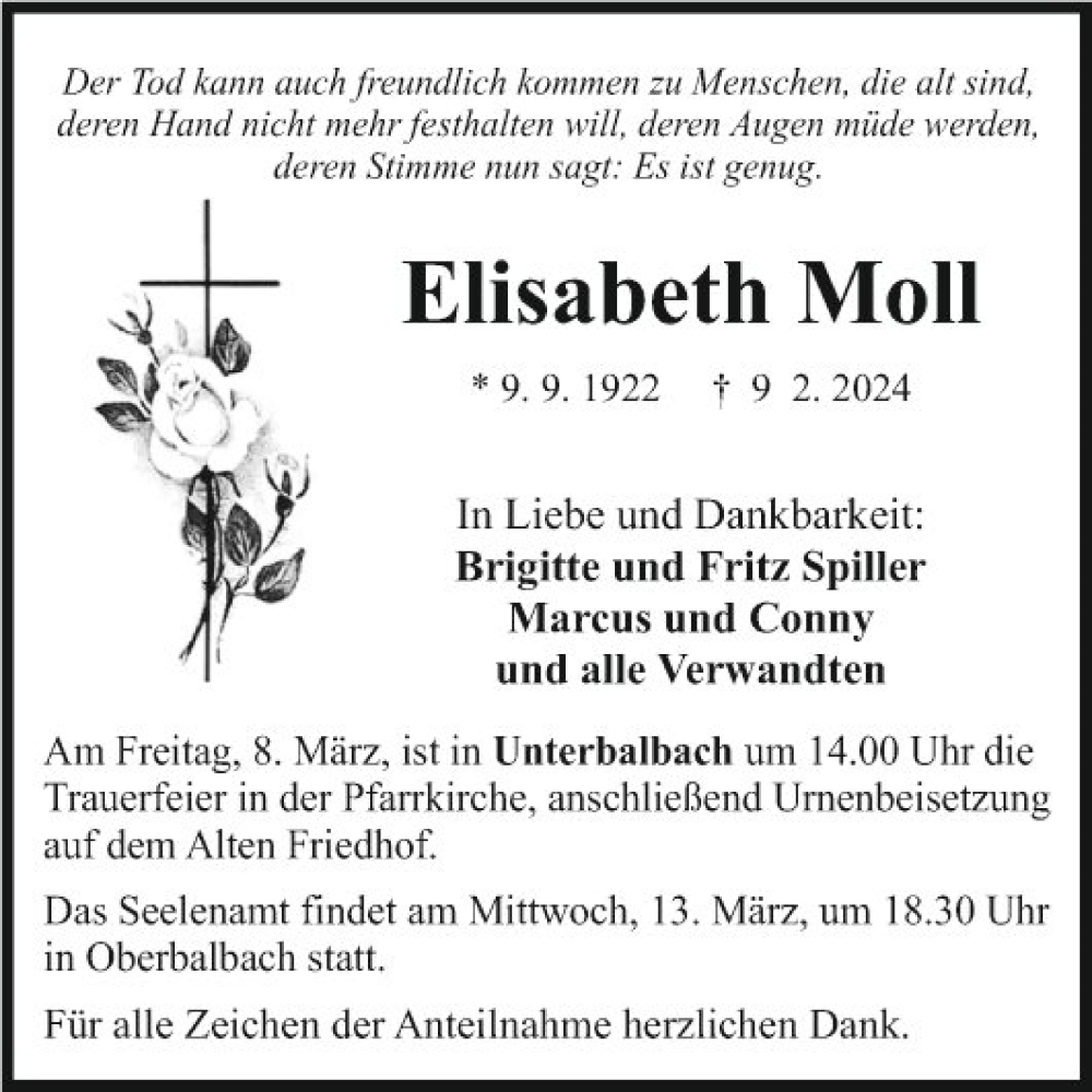  Traueranzeige für Elisabeth Moll vom 02.03.2024 aus Fränkische Nachrichten
