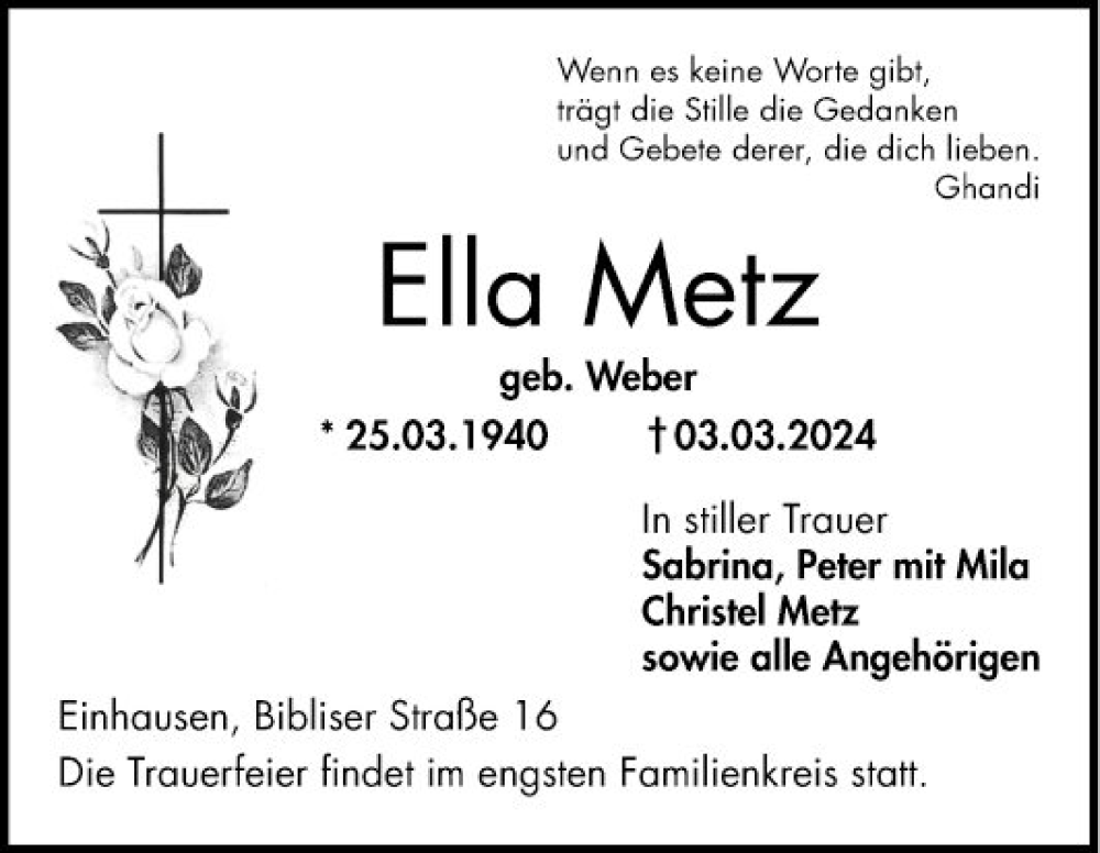  Traueranzeige für Ella Metz vom 09.03.2024 aus Bergsträßer Anzeiger
