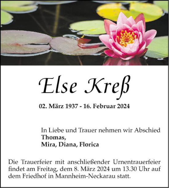 Traueranzeige von Else Kreß von Mannheimer Morgen