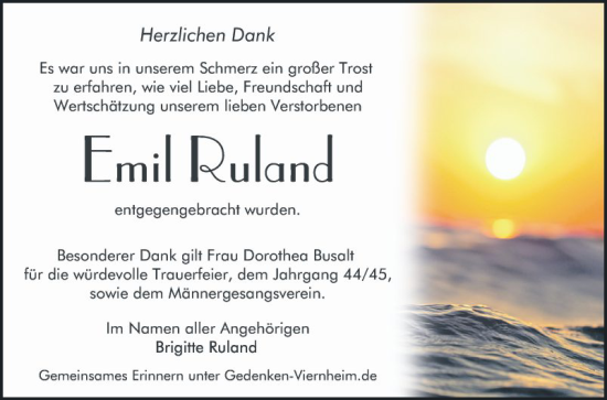 Traueranzeige von Emil Ruland von Mannheimer Morgen