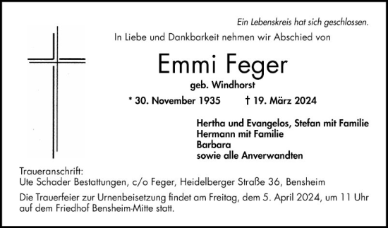 Traueranzeige von Emmi Feger von Bergsträßer Anzeiger