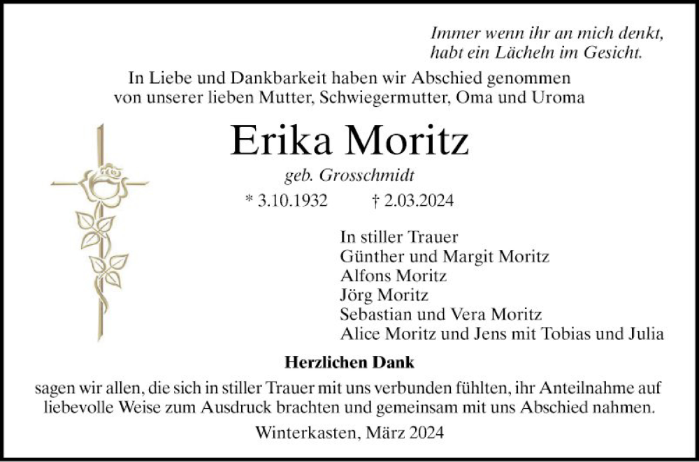 Traueranzeige für Erika Moritz vom 16.03.2024 aus Bergsträßer Anzeiger