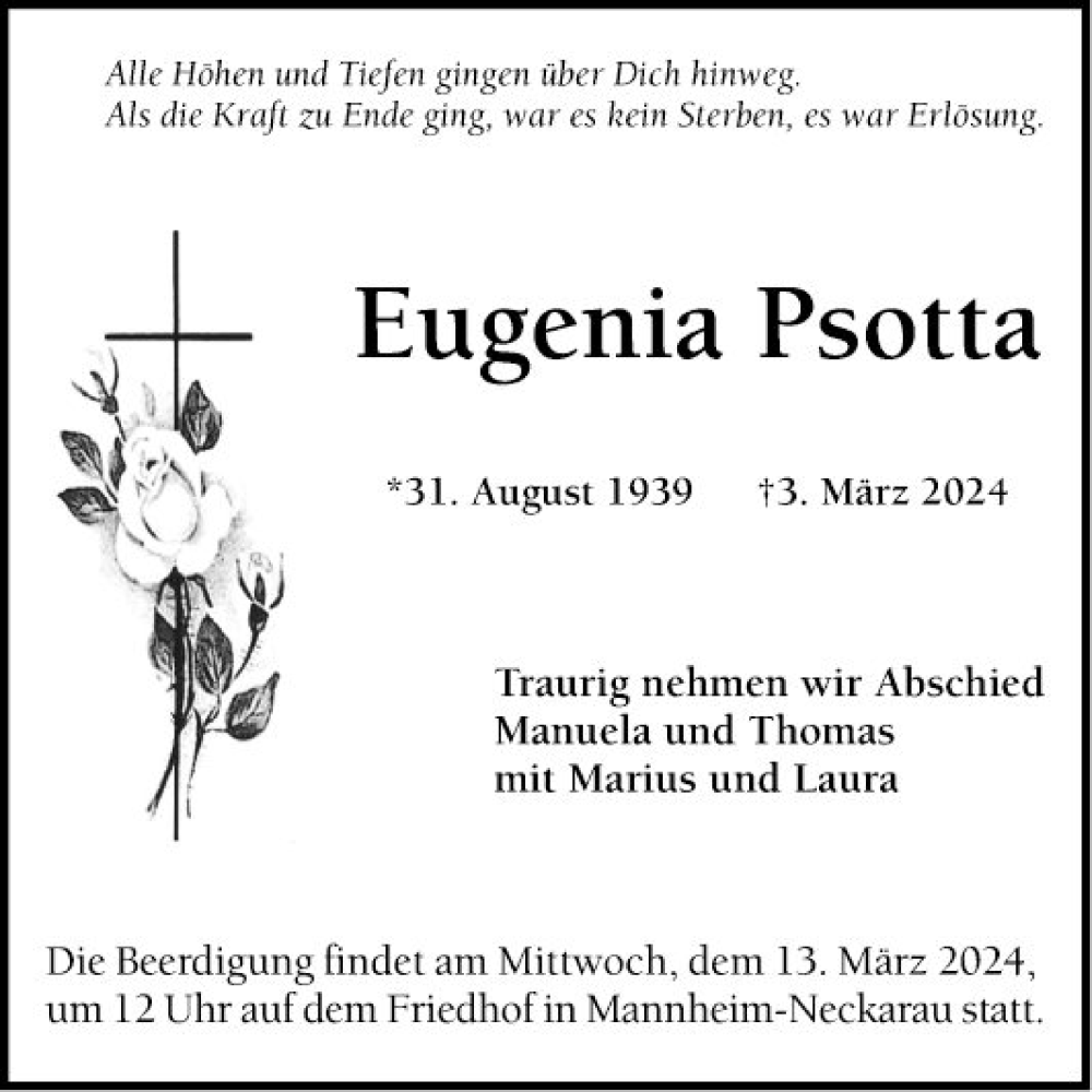  Traueranzeige für Eugenia Psotta vom 09.03.2024 aus Mannheimer Morgen