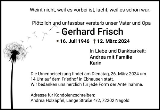 Traueranzeige von Gerhard Frisch von Fränkische Nachrichten