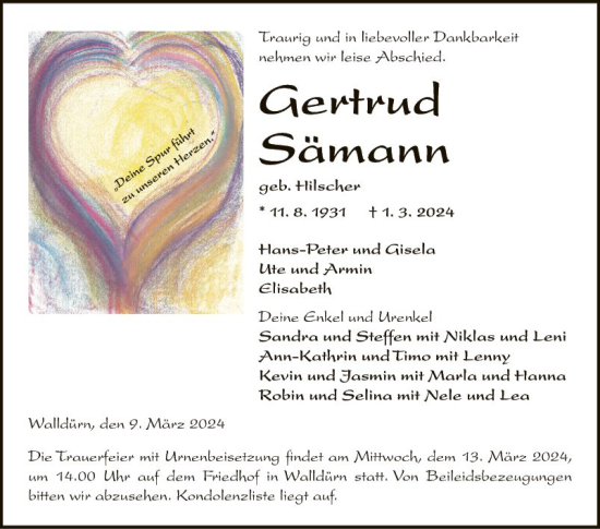Traueranzeige von Gertrud Sämann von Fränkische Nachrichten