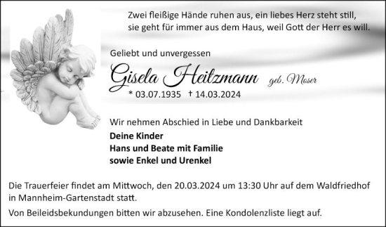Traueranzeige von Gisela Heitzmann von Mannheimer Morgen