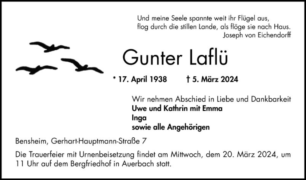  Traueranzeige für Gunter Laflü vom 16.03.2024 aus Bergsträßer Anzeiger
