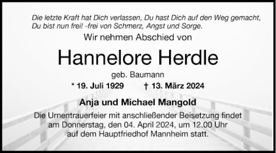 Traueranzeige von Hannelore Herdle von Mannheimer Morgen