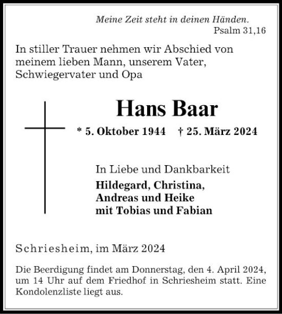 Traueranzeige von Hans Baar von Mannheimer Morgen