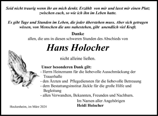Traueranzeige von Hans Holocher von Schwetzinger Zeitung