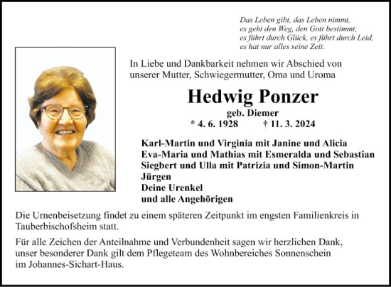 Traueranzeige von Hedwig Ponzer von Fränkische Nachrichten
