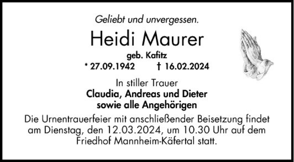  Traueranzeige für Heidi Maurer vom 09.03.2024 aus Mannheimer Morgen
