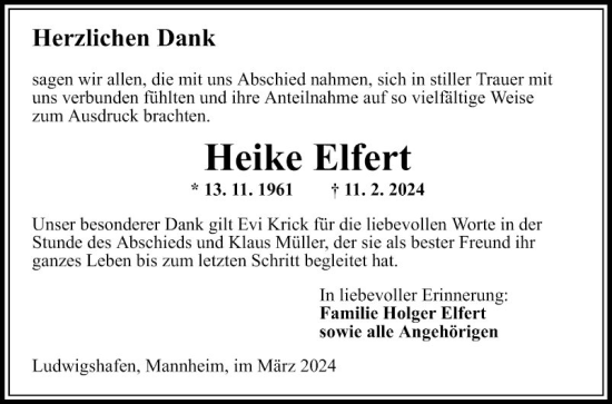 Traueranzeige von Heike Elfert von Mannheimer Morgen