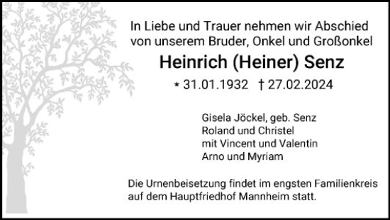 Traueranzeige von Heinrich Sens von Mannheimer Morgen