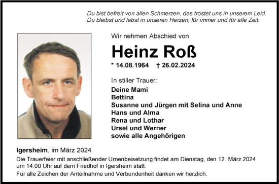 Traueranzeige von Heinz Roß von Fränkische Nachrichten