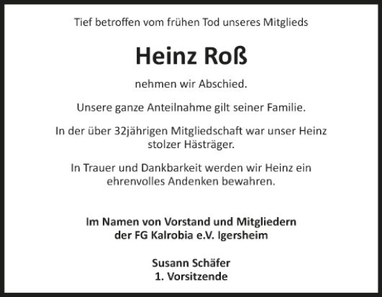Traueranzeige von Heinz Roß von Fränkische Nachrichten