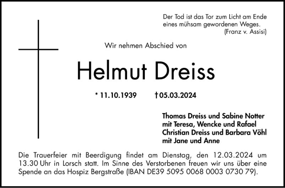  Traueranzeige für Helmut Dreiss vom 09.03.2024 aus Bergsträßer Anzeiger