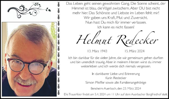 Traueranzeige von Helmut Redecker von Bergsträßer Anzeiger