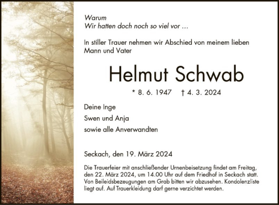 Traueranzeige von Helmut Schwab von Fränkische Nachrichten