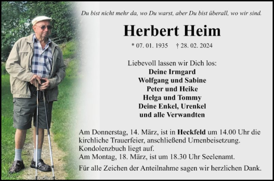 Traueranzeige von Herbert Heim von Fränkische Nachrichten