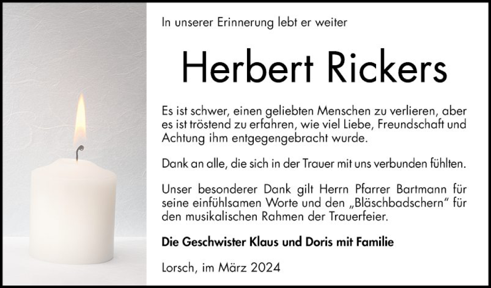  Traueranzeige für Herbert Rickers vom 16.03.2024 aus Bergsträßer Anzeiger