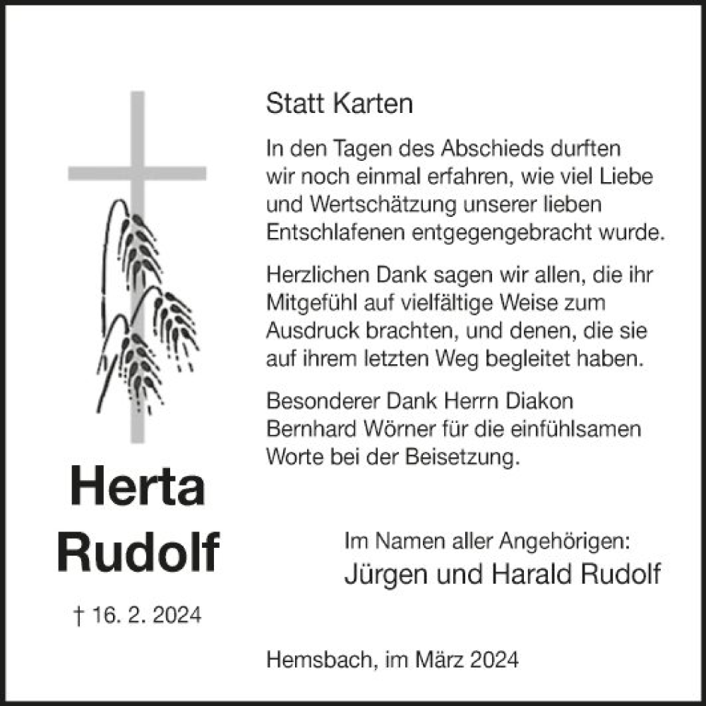  Traueranzeige für Herta Rudolf vom 16.03.2024 aus Fränkische Nachrichten
