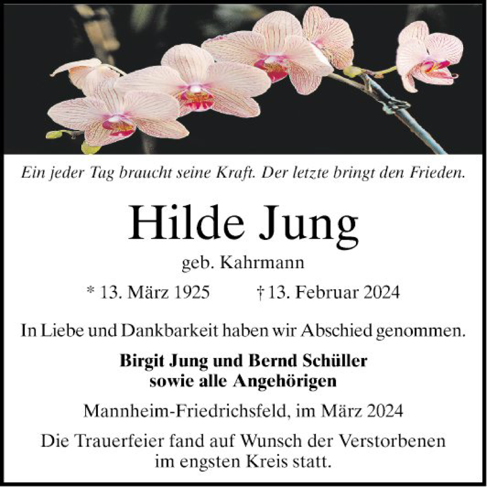  Traueranzeige für Hilde Jung vom 16.03.2024 aus Mannheimer Morgen
