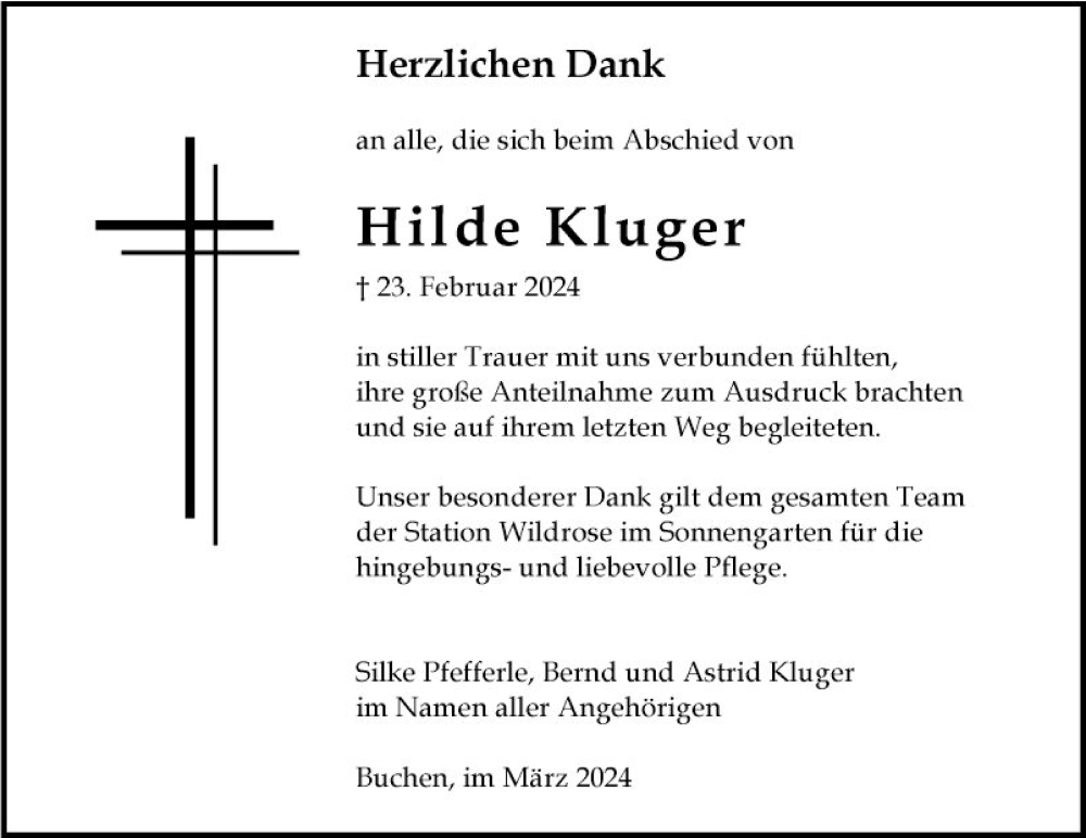  Traueranzeige für Hilde Kluger vom 16.03.2024 aus Fränkische Nachrichten