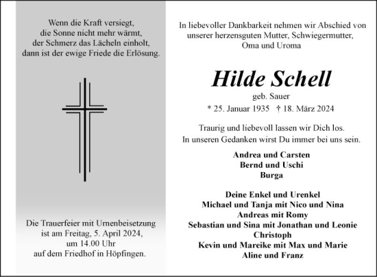 Traueranzeige von Hilde Schell von Fränkische Nachrichten