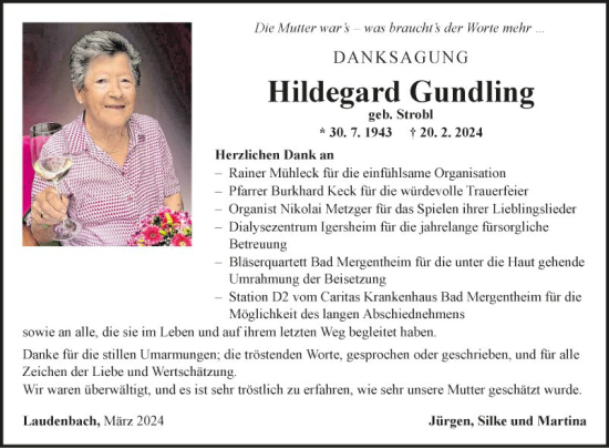 Traueranzeige von Hildegard Gundling von Fränkische Nachrichten