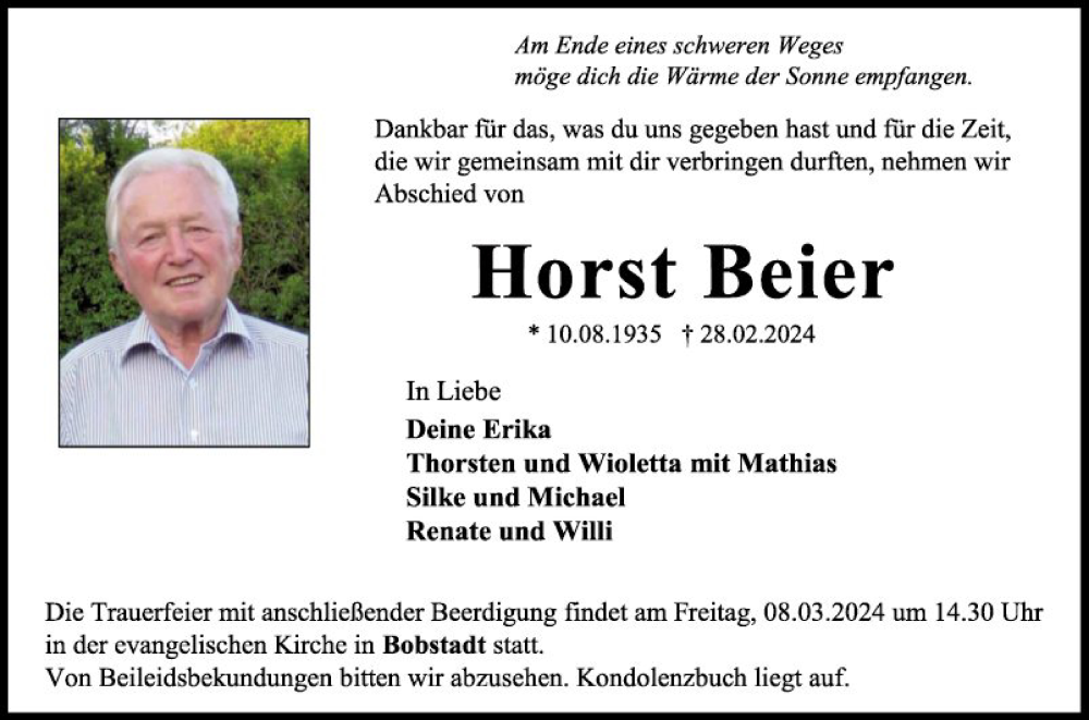  Traueranzeige für Horst Beier vom 05.03.2024 aus Fränkische Nachrichten