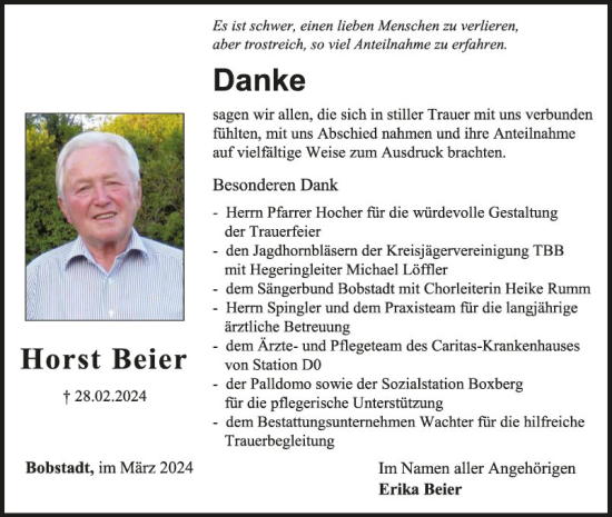 Traueranzeige von Horst Beier von Fränkische Nachrichten