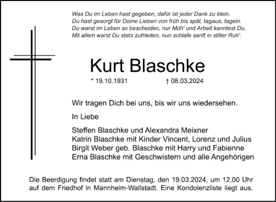 Traueranzeige von Horst Blaschke von Mannheimer Morgen