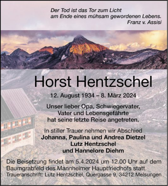 Traueranzeige von Horst Hentzschel von Mannheimer Morgen