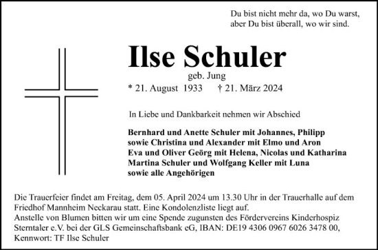 Traueranzeige von Ilse Schuler von Mannheimer Morgen